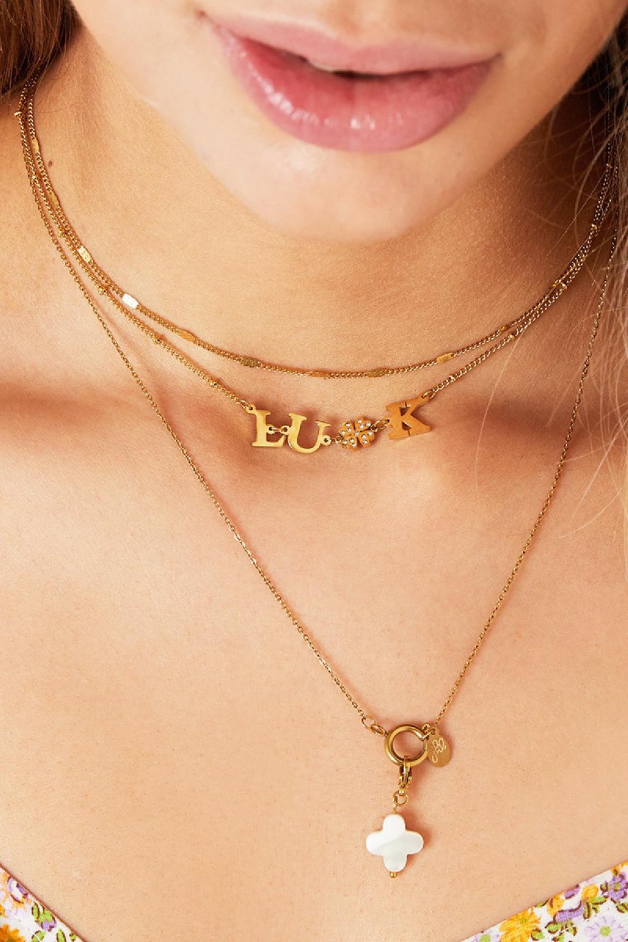 RVS ketting met Luck tekst en zirkonia steentjes Goud kleur Stainless Steel Afbeelding3